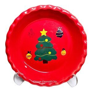 Michael's Christmas Tree Red Holiday Pie Baking Dish Hand Painted Edge Plate